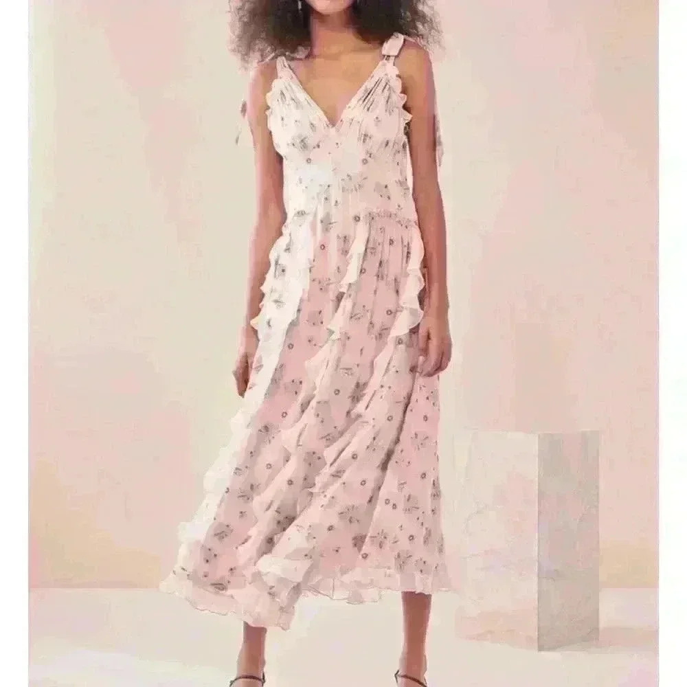Rebecca Taylor Leander floral metallic clip midi dress in pink silk